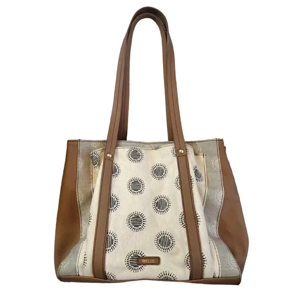 RELIC Printed Cream Canvas and Tan Faux Leather Shoulder Tote‎ Bag